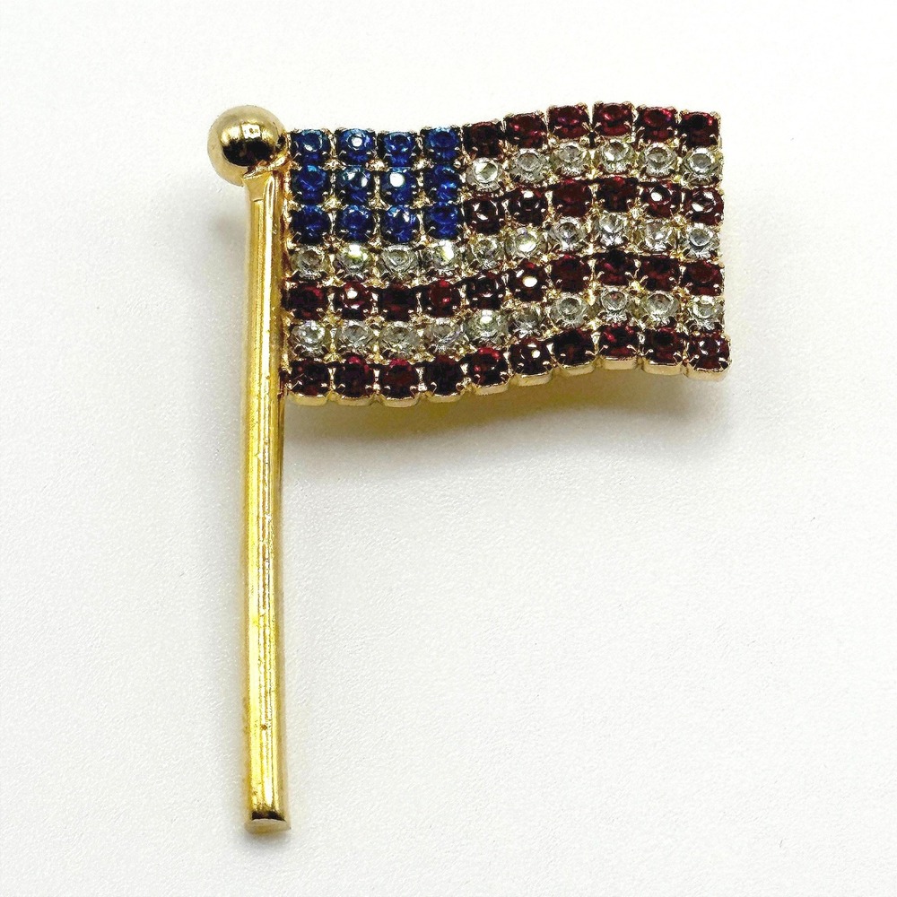 Vintage American Flag Rhinestone Brooch Gold Tone Patriotic USA Waving Pin